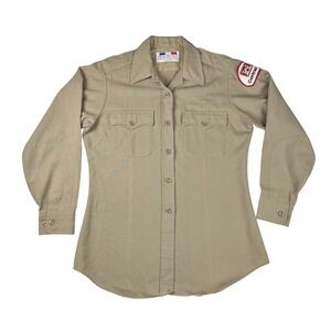 Flying Cross Vintage Tan Uniform Shirt Women 36 L Contractor Patch USA Made